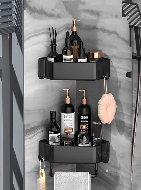 MONJAY Self-Adhesive Aluminium Bathroom Corner Shelf Rack Bathroom Corner Organizer Stand Bathroom Organisers Storage Racks Bathroom Shelf/Shelves Corner (King)(2 Shelf)