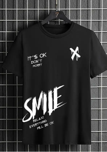 Men Printed, Typography Round Neck Polyester Black T-Shirt