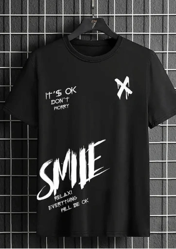 Men Printed, Typography Round Neck Polyester Black T-Shirt