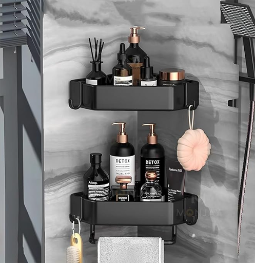 MONJAY Self-Adhesive Aluminium Bathroom Corner Shelf Rack Bathroom Corner Organizer Stand Bathroom Organisers Storage Racks Bathroom Shelf/Shelves Corner (King)(2 Shelf)