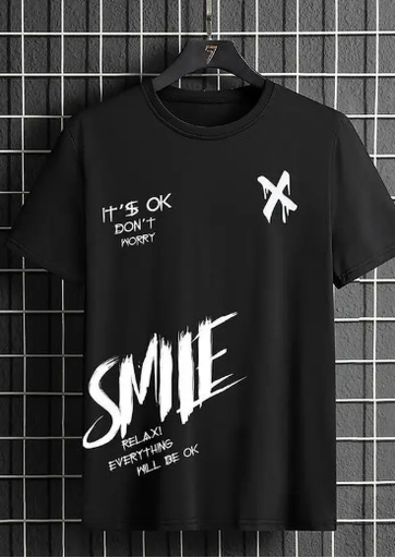 Men Printed, Typography Round Neck Polyester Black T-Shirt